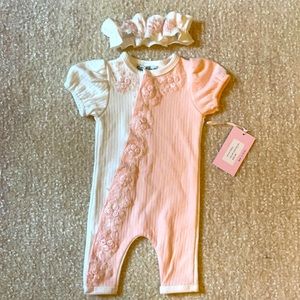 Pink & White Outfit with Lace & Matching Headband